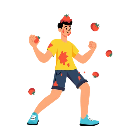 Man enjoying Tomato Festival  Illustration