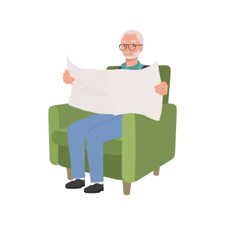 Elderly Man Enjoying Tranquil Reading Of Newspaper On Cozy Couch Flat Vector Cartoon Illustration Illustration