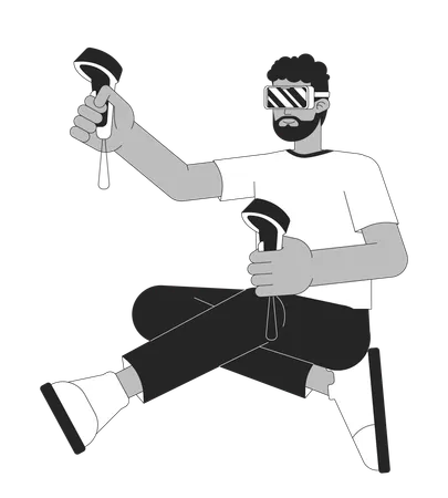 Black Guy VR Gamer Black And White 2 D Line Cartoon Character African American Man With Vr Glasses And Controllers Isolated Vector Outline Person Video Games Monochromatic Flat Spot Illustration Illustration