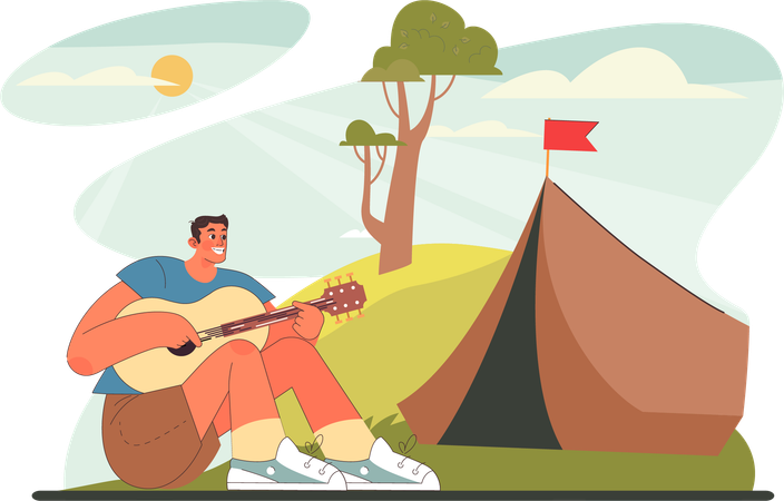 Man enjoys outside his camping tent  Illustration