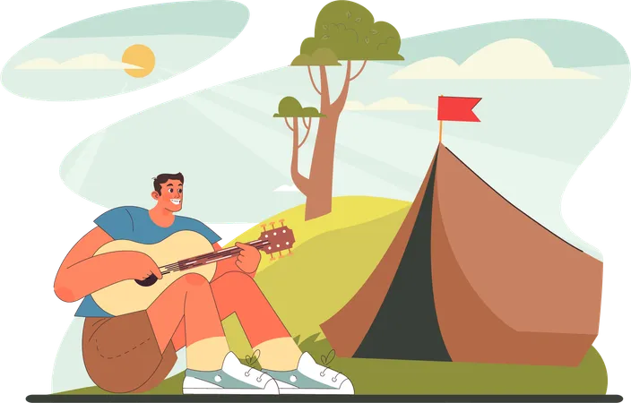 Man enjoys outside his camping tent  Illustration