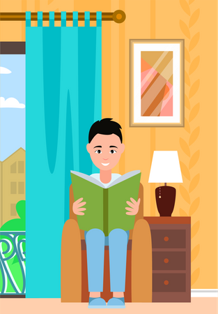 Man enjoys reading book sitting in armchair Illustration