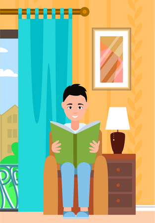 Man enjoys reading book sitting in armchair  Illustration