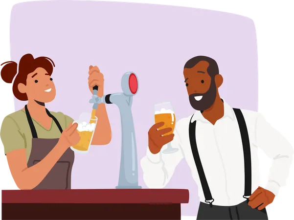 Man Enjoys A Refreshing Beer In A Lively Bar Atmosphere Where Bartender Girl Pouring Foamy Beverage Into The Glass Male Character Savoring The Taste And Unwinding Cartoon People Vector Illustration Illustration