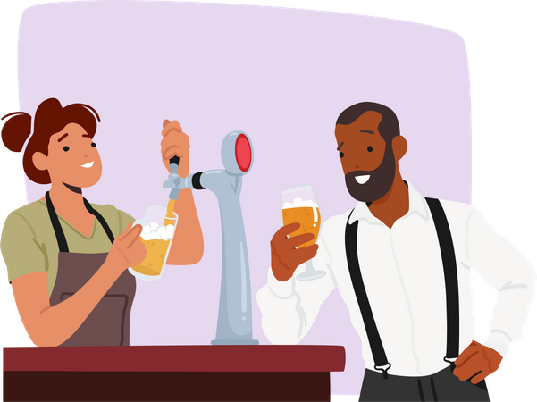 Man Enjoys Refreshing Beer In Lively Bar Atmosphere where Bartender Girl Pouring Foamy Beverage into the Glass  Illustration