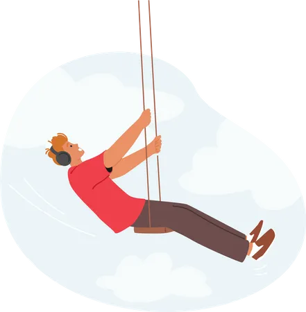 Man Enjoys Swinging On A Playground Swing Male Character Wear Headphones Feeling The Exhilarating Sensation Of Soaring Through The Air While Experiencing A Childlike Sense Of Joy And Freedom Illustration