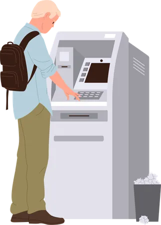 Man Cartoon Character Entering Password Code At Atm To Withdraw Cash Or Doing Money Transactions Vector Illustration Banking Service For Safety Electronic Finance Management And Wireless Payment Illustration
