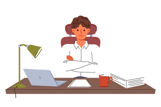 Man entrepreneur sits at desk with papers and laptop crossing arms as sign of self-confidence  Illustration