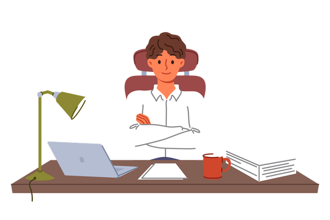 Man entrepreneur sits at desk with papers and laptop crossing arms as sign of self-confidence  Illustration