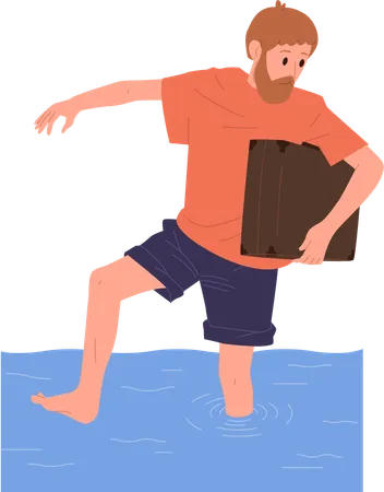 Man escaping flood crossing deep water  Illustration