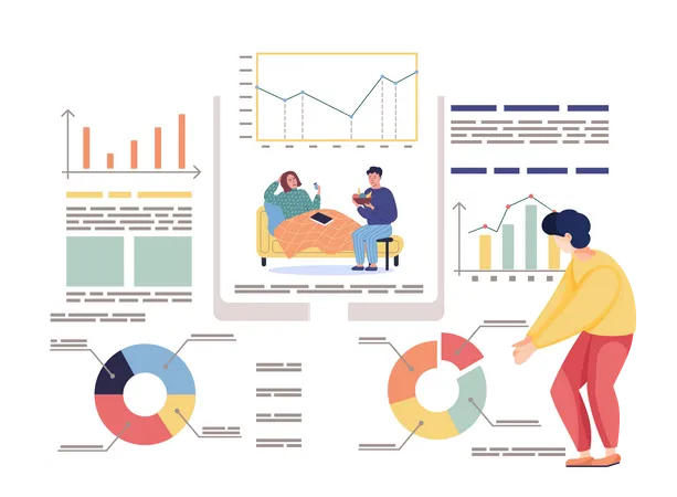 Man Examines Data Report Guy Gives Fresh Fruit To Sick Girl Incidence Statistics Concept Statistics Of Sick And Recovered Patients With Diagram Male Character Looking At Data On Background Illustration
