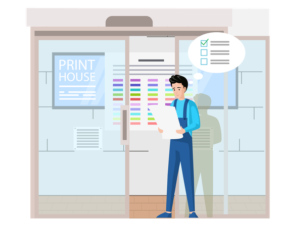 Man examines work plan of typography  Illustration