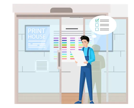 Man examines work plan of typography  Illustration