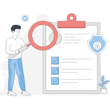 Man examining a checklist with a magnifying glass focused on details and ensuring accuracy  Illustration