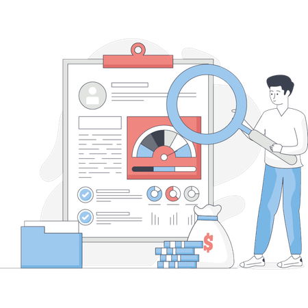 Man examining a document with a magnifying glass  Illustration