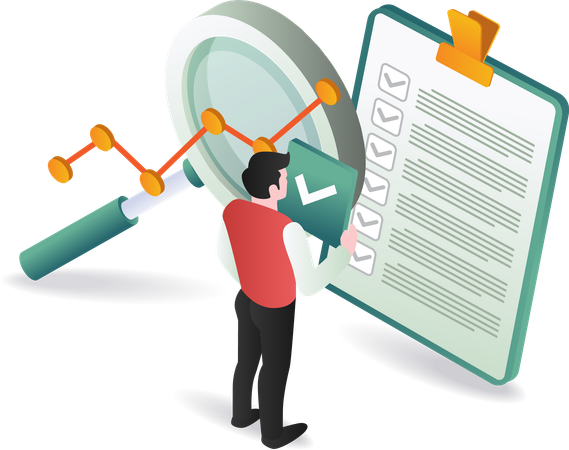 Man examining checklist with magnifying glass  Illustration