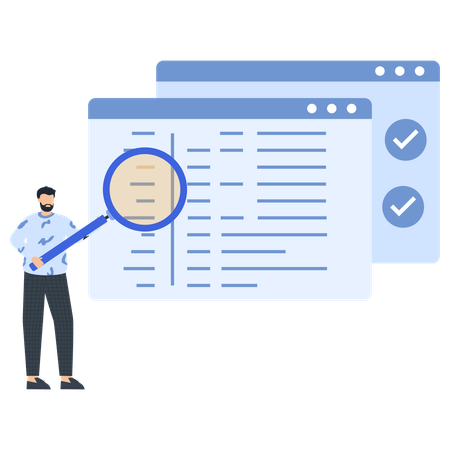 Man Examining Data on Screen with Magnifying Glass  of Analysis and Verification  Illustration