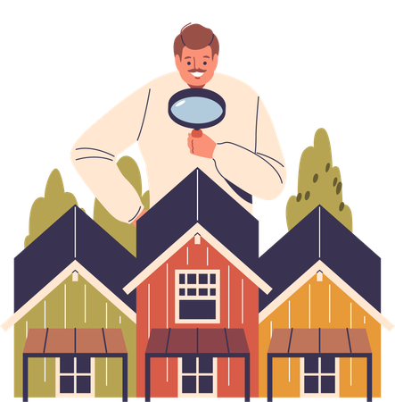 Man Examining Houses With A Magnifying Glass  Illustration