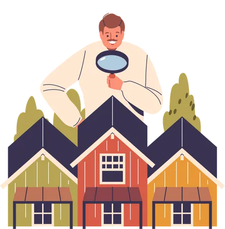 Man Examining Houses With A Magnifying Glass  Illustration