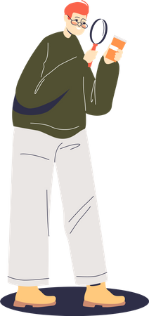 Man examining pills bottle with magnifying glass  Illustration