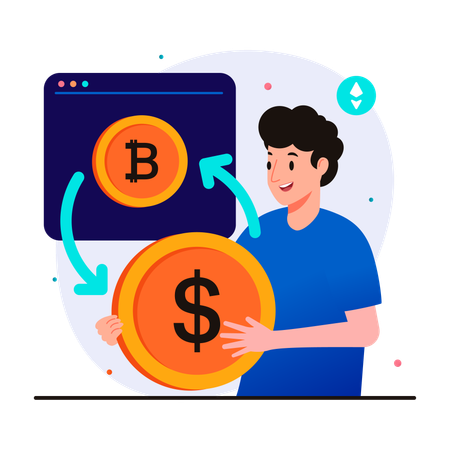 Man exchange bitcoin for dollars coin  Illustration
