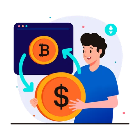 Man exchange bitcoin for dollars coin  イラスト
