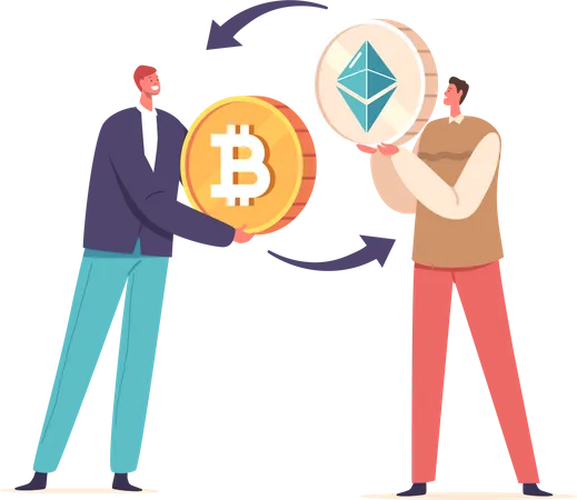 Male Characters Trade Ethereum And Bitcoin With Each Other Exchanging Digital Currencies Securely And Efficiently In The World Of Decentralized Finance Cartoon People Vector Illustration Illustration