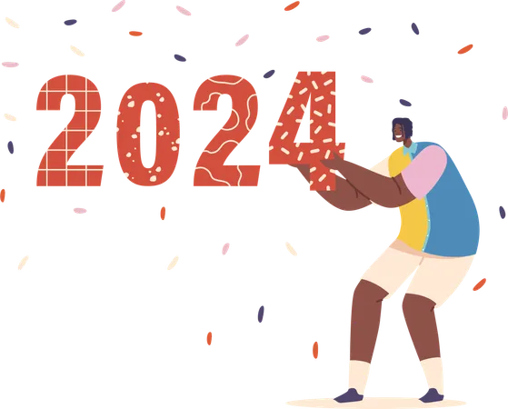 African American Man Character Excitedly Holds Up The Numbers 2024 His Hopeful Anticipation For The Future Clear In His Eyes As He Embraces The Coming Year Cartoon People Vector Illustration Illustration