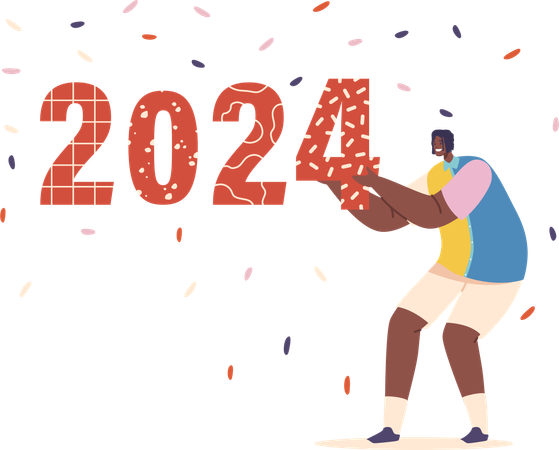 Man excitedly holds up the number 2024  Illustration