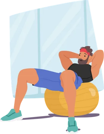 Man Exercises On Fitball Male Character Engaging Core Muscles The Fitball Adds Instability Improving Strength Balance And Flexibility During Fitness Workout Cartoon People Vector Illustration Illustration