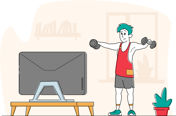 Man exercising while watching tv show Illustration