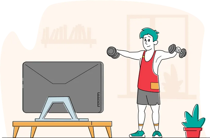 Man exercising while watching tv show  Illustration