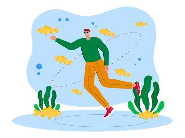 Man experience sea using metaverse tech Illustration