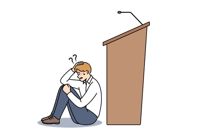 Man experiences peiraphobia which causes fear speaking in front of audience and sits near empty podium  Illustration