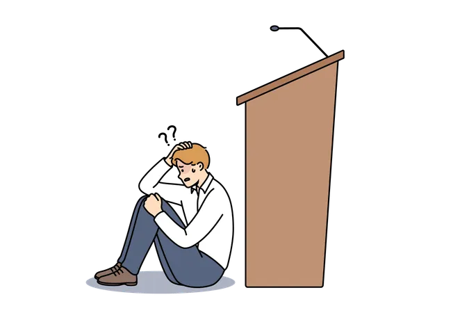 Man experiences peiraphobia which causes fear speaking in front of audience and sits near empty podium  イラスト