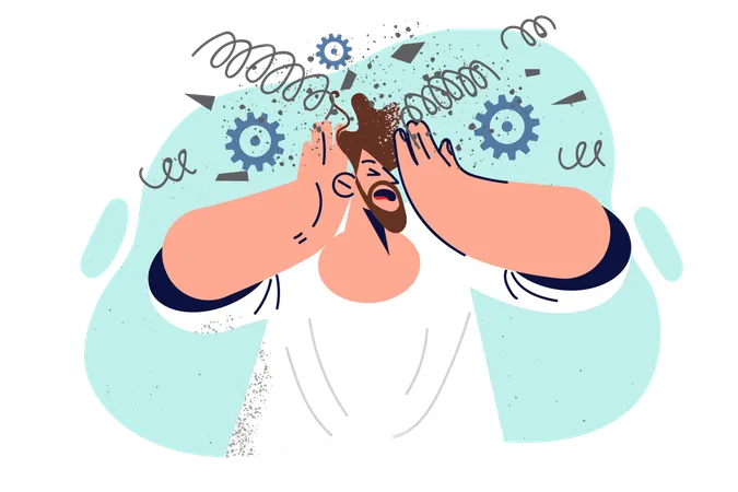 Man Experiences Stress Clutching Head With Springs And Gears Flying Out And Suffering From Exhaustion Caused By Psychological Overload Guy Who Became Victim Of Psychological Burnout Illustration