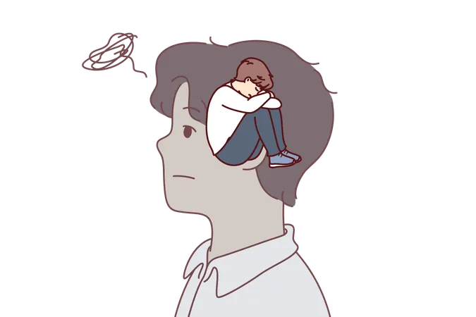 Man Experiences Stress Due To Childhood Traumas And Needs Psychological Help Because Of Crying Child Located In Head Guy Feels Psychological Discomfort And Prerequisites For Depression イラスト