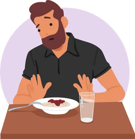 Man Experiencing Appetite Loss As A Gastritis Symptom Reduced Cravings For Food Decreased Enjoyment Of Eating And Struggle To Maintain Healthy Level Of Nutrition Cartoon People Vector Illustration イラスト