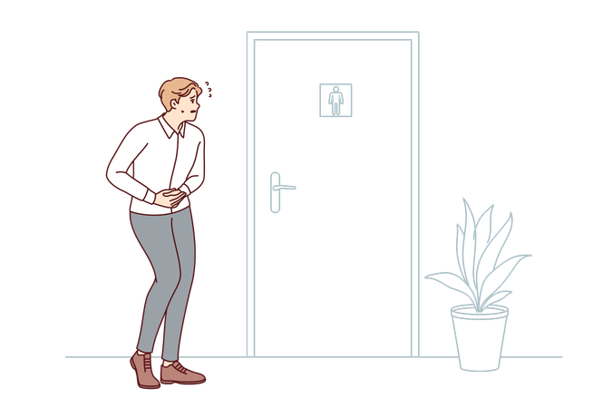 Man experiencing diarrhea stands near door to toilet room holding stomach feeling discomfort  Illustration