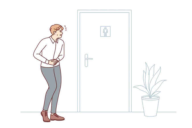 Man experiencing diarrhea stands near door to toilet room holding stomach feeling discomfort  Illustration
