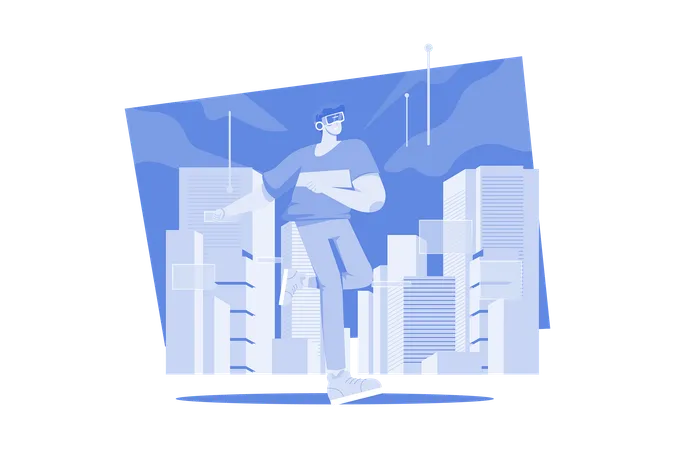 Man Experiencing Metaverse City Illustration Concept On White Background Illustration