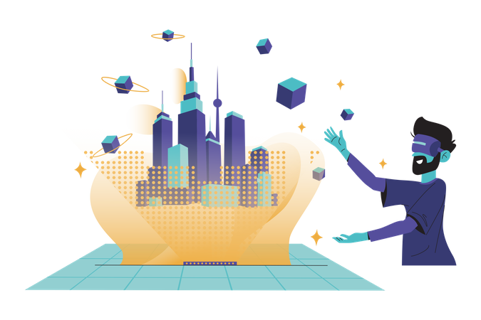 Man experiencing metaverse city  Illustration