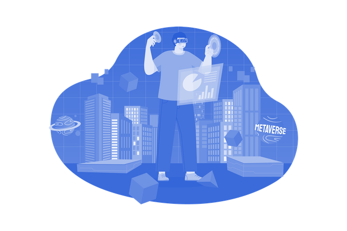 Man experiencing metaverse city  Illustration