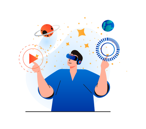 Man experiencing space environment using VR technology  Illustration