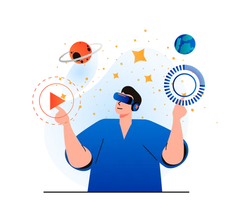 Man experiencing space environment using VR technology  Illustration