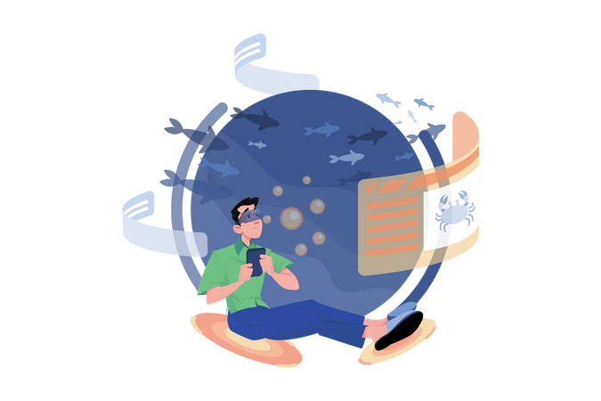 Man experiencing virtual sea tour  Illustration