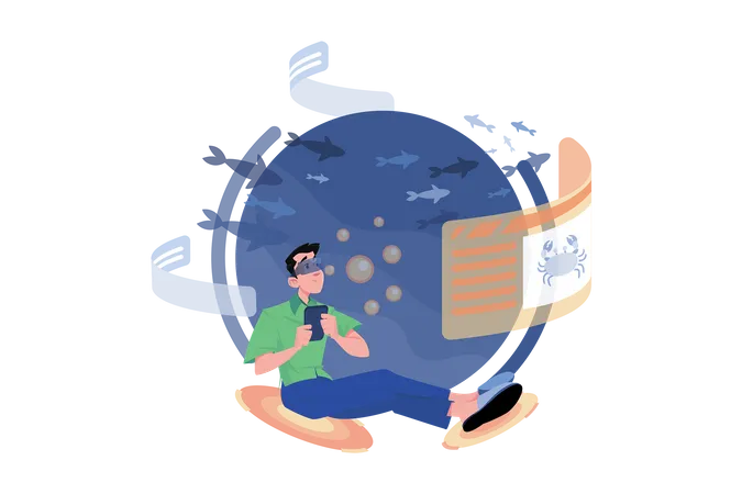 Man experiencing virtual sea tour  Illustration