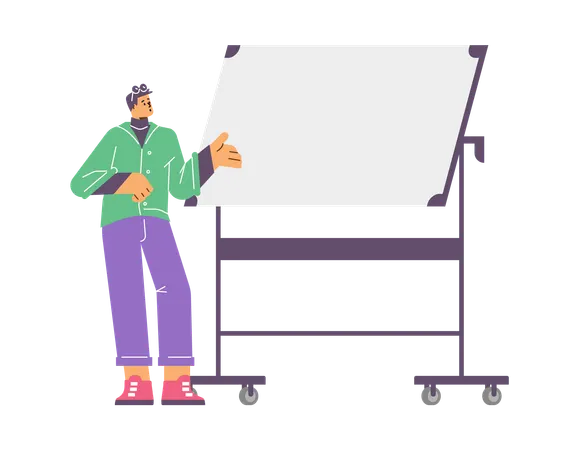 Man explaining and pointing on white board  Illustration