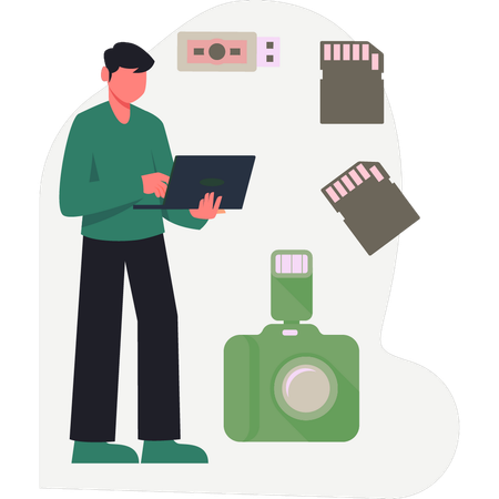 Man explaining camera memory card  Illustration