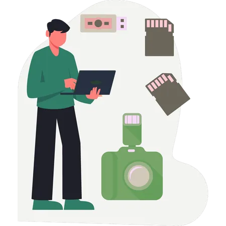 Man explaining camera memory card  Illustration